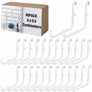 GlikCeil 48 Pcs Pegboard Hooks, 6 x 9.5 Centimeters, White Pegboard Accessories Compatible with IKEA/Skadis Long Metal Storage Hooks for Home Office Indoor Tool Supply