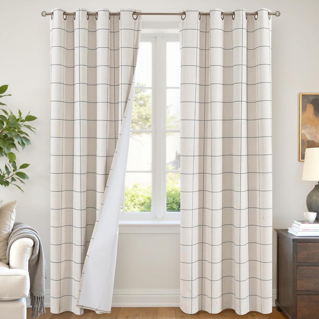 Linen Blackout Curtains for Living Room - Boho Plaid Pattern Thermal Insulated Grommet Cottage Core Window Treatments Rustic Drapes for Farmhouse, 52x84 Inch 2 Panels, Dark Grey
