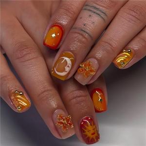 2 x Short Nails Press on Square Gold Nails 3D Fake Nails Orange False Nails with Sun&Moon Floral Designs Flower Stick on Nail Glossy Glue on Nail for Women Girls 24Pcs (Style25)