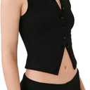 Women Button Down Tank Tops Casual Ribbed Sleeveless Crop Vest Top Going Out Tops Open Front Slim Fit Dressy Top (Black, M)