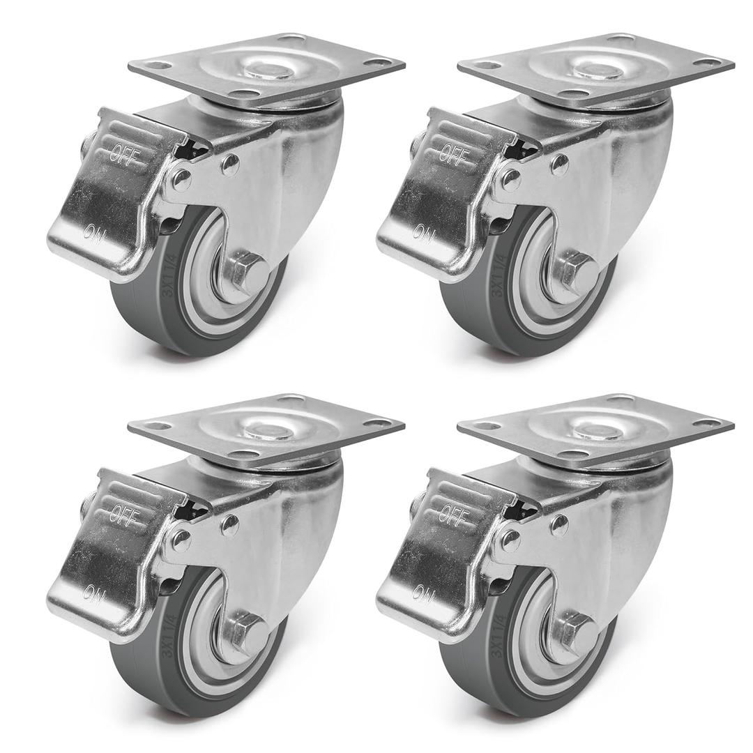 3 Inch Caster Wheels - Set of 4 Heavy Duty Rubber Castors With Brake 1200Lbs, Silent Industrial Plate Casters for Cart Furniture Workbench (4 Brake#01)