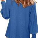 Ladies Tops and Blouses Blue Long Sleeve V Neck Eyelet Tunics 2025 Fall Baby Doll Flare Blouse Loose Trendy Pleated Shirts Lightweight Shopping Outing Daily Wear Medium