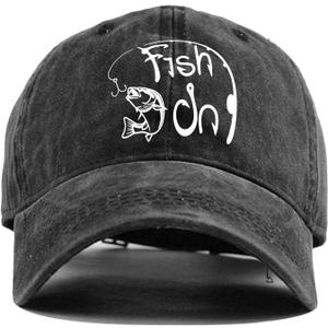 Fish On, Funny Vintage Cotton Washed Baseball Cap, Gift for Fishing Enthusiasts, Handsome Dad Fisherman Hat, One Size Black