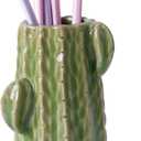 Ceramic Cactus Pen Holder, Cactus Decor Pencil Cup, Cute Pencil Holder for Desk, Pen Stand Makeup Brush Holder for Home, Office, Light Green, Medium (Diameter 6CM)