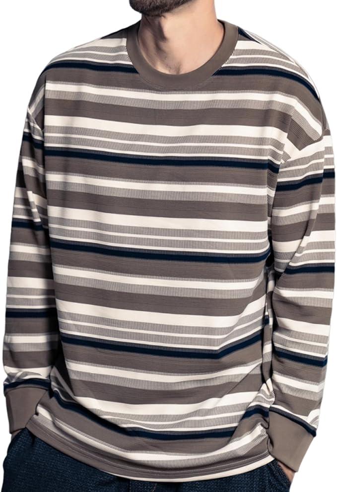 ZVX Striped Long Sleeved T-Shirt for Men Spring Casual T-Shirt for Men Retro Autumn Pullover Stripe tee Shirt, XL