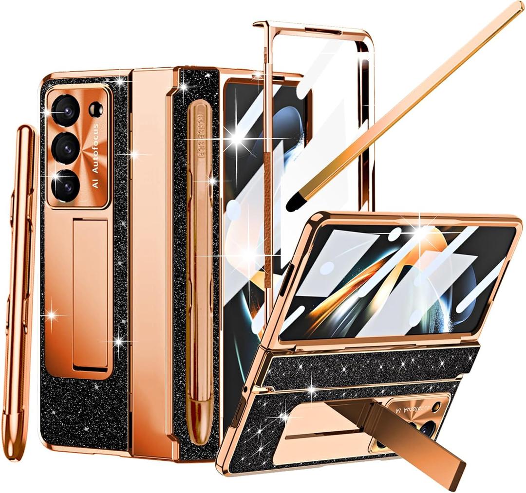for Samsung Galaxy Z Fold 6 Case with Pastable S Pen Holder & Stylus, Glitter Bling Leather Case with Kickstand Screen Protector All-Inclusive Pen Slot Protective Cover for Z Fold 6 Black