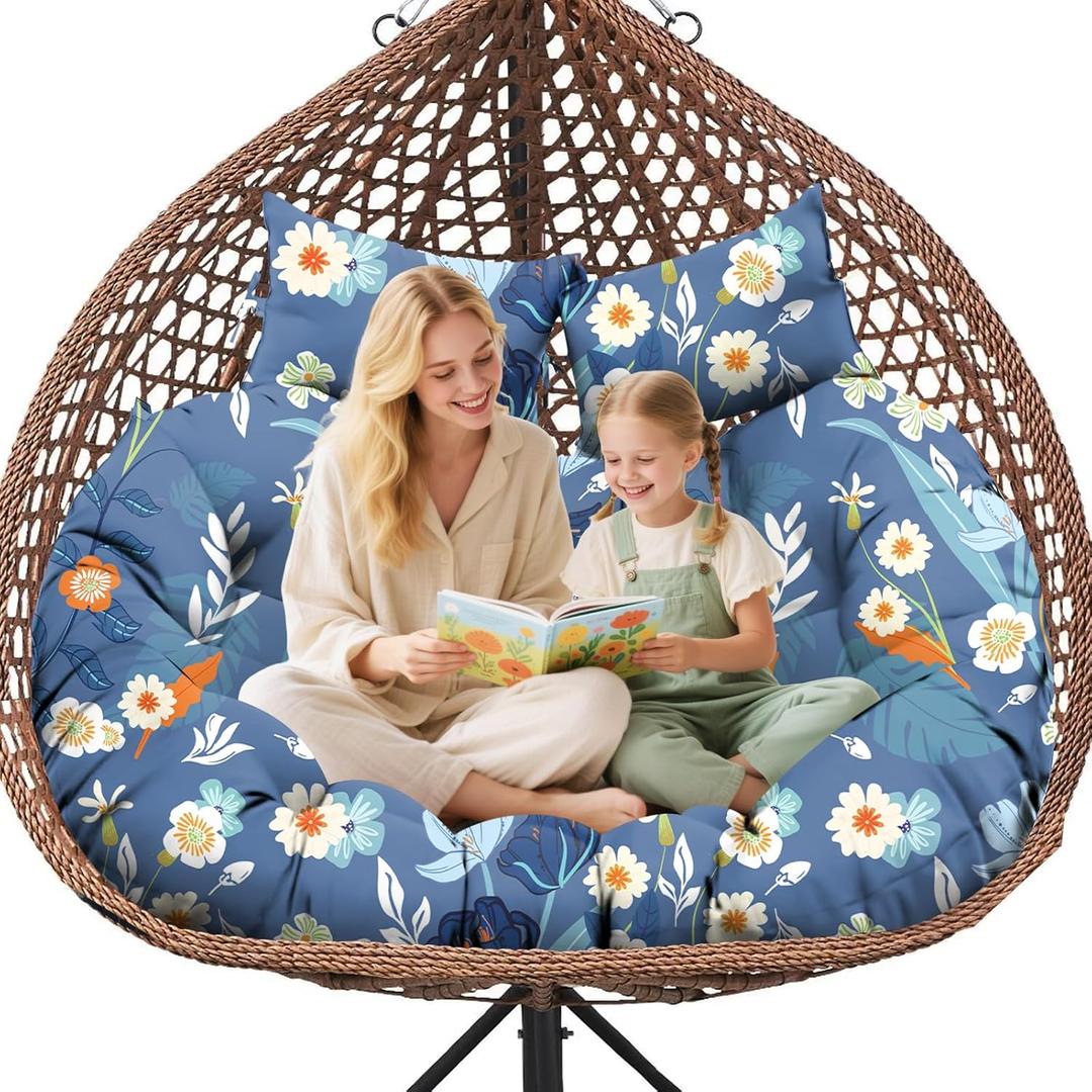 Double Egg Chair Cushion Replacement Waterproof for Outdoor Patio Hanging Basket Egg Chairs, 59x43-Inch Thickened 100% Cotton Large Double Eggs Swing Chair Cushions, Blue Peony