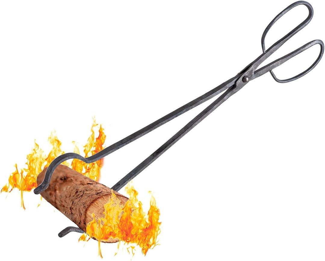 Blacksmith Handcrafted Iron Fireplace Tongs, 18 inches, Big siz Handle Sturdy Blacksmith Design for Fire Pit, GrillingAdding Log