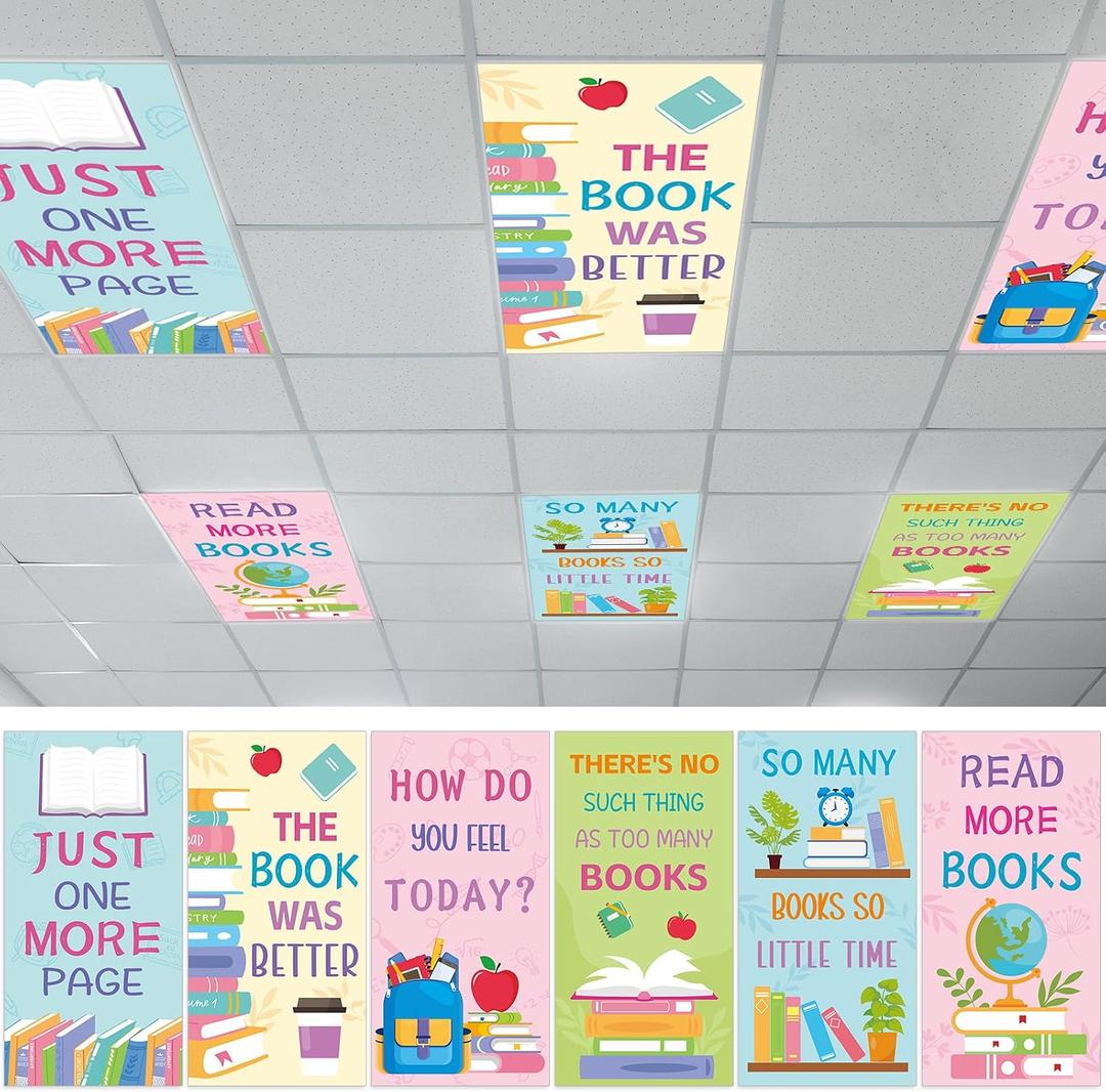 Wiooffen 6 Pcs Fluorescent Light Covers with 60 Magnets Decorative for Classroom Ceiling Lights 4 x 2 Feet Magnetic Light Cover Filter for Office Hospital Home Ceiling Supplies (Colorful Reading)