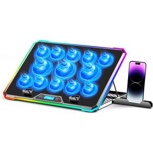 Gaming Laptop Cooler with 13 Ultra Quiet Fans, LCD Screen and Multi Color RGB - 10 Lighting Modes, 9 Adjustable Heights, Dual USB Ports, Built in Phone Holder for 15 to 21 Inch Laptops on Desk or Lap