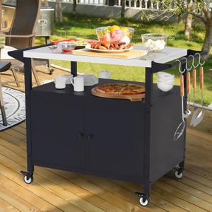 COZEER Outdoor Grill Table with Storage, Weatherproof Grill Cart | Portable, Outdoor Storage Box, Kitchen Island, Stainless Steel Table with Utensil Hooks & Rolling Lockable Caster Wheels
