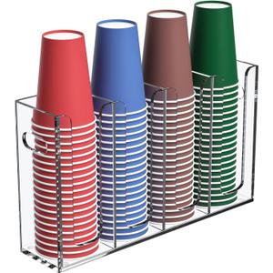 Disposable Coffee Cup Dispenser with Handles, Countertop or Wall Mount Hot/Cold Drink Cup and Lid Holder - Bathroom/Kitchen/Office Acrylic Cup Lid Storage Organizer (4 Compartments, Clear)