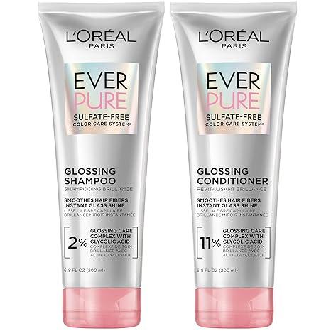 L'Oreal Paris Glossing Sulfate Free Shampoo and Conditioner Set with Glycolic Acid, Hair Care for Lasting Shine and Smoothness for Dull, Dry Hair, EverPure, 1 Kit