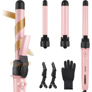 Rotating Curling Iron Set, Automatic Curling Wand for Long Hair Easy to Use Hair Curler Get Effortlessly-Chic Beach Waves 3 Sizes Ceramic Barrel 0.75" 1" 1.25" to 430F with Home Button, Dual Voltage (Pink)