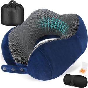 Cirorld Neck Pillow for Traveling, Travel Pillows for Airplanes,100% Pure Memory Foam Travel Neck Pillow, Adjustable Flight Pillow, Portable Plane Accessories with Eye Mask, Earplugs, Carry Bag (Blue)