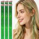 Celinebella Grass Green Clip in Hair Tinsel,Emerald Glimmer,24Inch 80 Strands per Piece,6Pcs Heat Resistant Fresh Hair Extensions for Women Teens St. Patrick Spring Accessories
