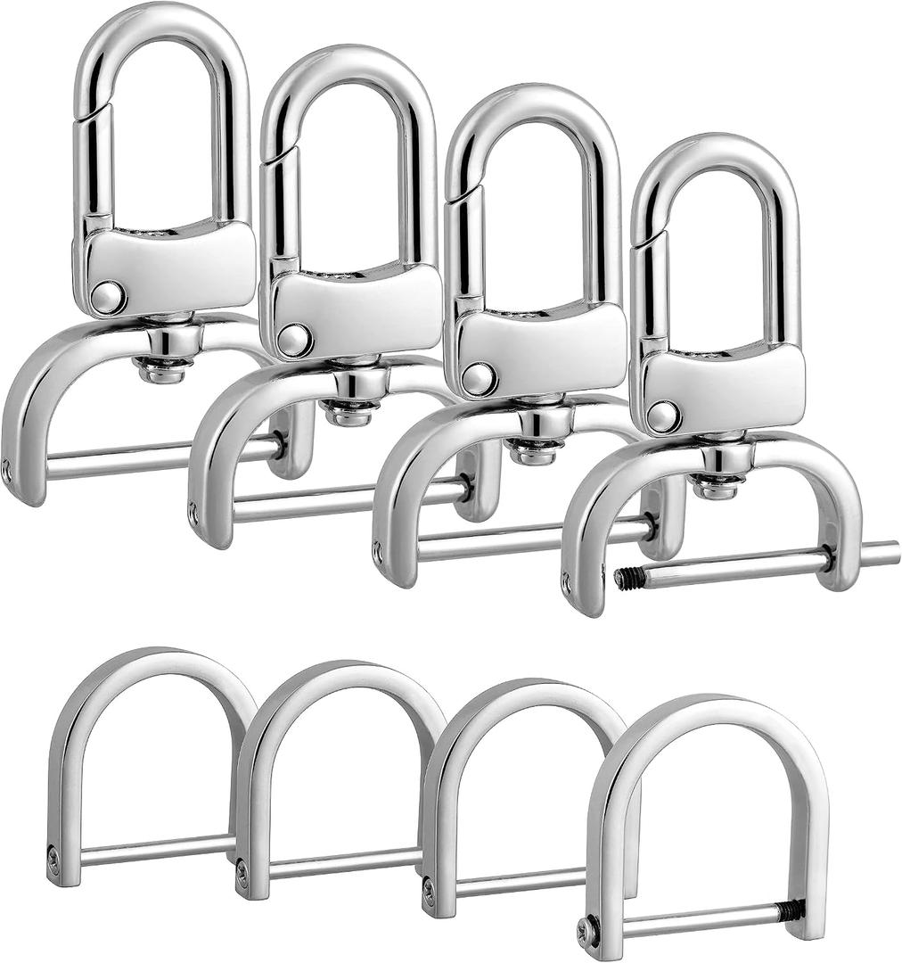 4pcs Detachable Snap Hook Swivel Clasp with 4pcs D-Rings Screw in Shackle for DIY Purse Strap Replacement (Silver,1 inch)
