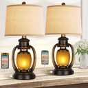 Set of 2 Rustic Living Room with 2 USB Port and Outlet,Farmhouse Table Bedside Lamps for Bedroom,Vintage Cottage Nightstand Lamps with Nightlight Miner Lantern (Bronze)