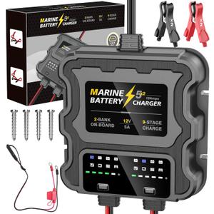 Smart 2 Bank Marine Battery Charger, 10A (5A/Bank), 12V,Waterproof,lifepo4 Lithium Battery Charger Maintainer and Desulfator for AGM, Lithium,Deep-Cycle Batteries Boat Accessories