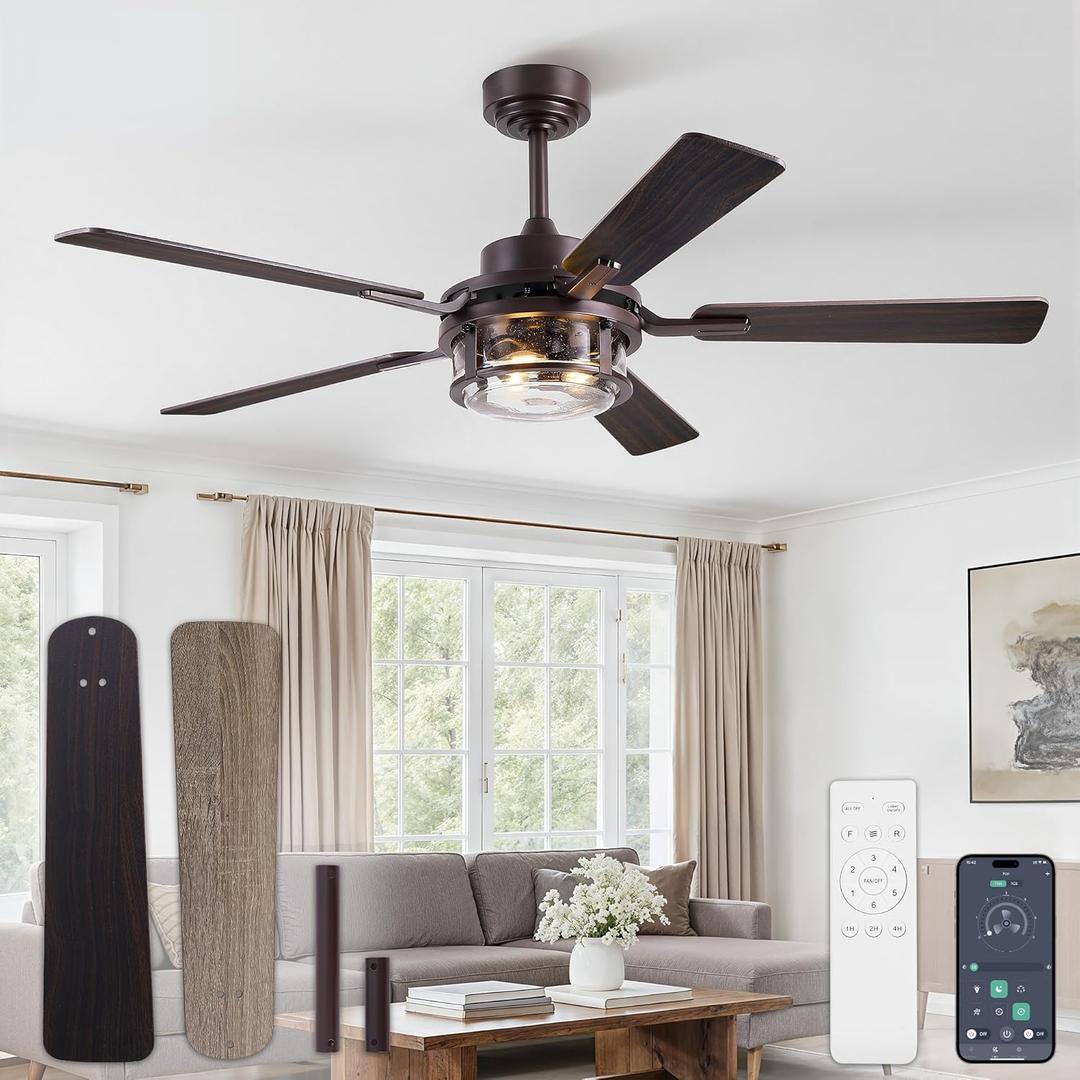 Fanbulous 52 Inch Ceiling Fan with Light and Remote,Downrod Mount Farmhouse Ceiling Fan for Bedroom, Quiet 6-Speed Reversible DC Motor, Rustic Brown & Wood Finish Blades