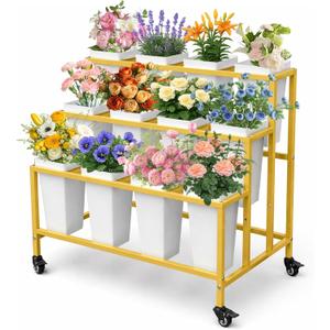 PROLEE Flower Display Stand with 12 Buckets, 3 Layers Flower Cart , Metal Flower Stand with Wheels, Moving Florist Bouquet Shelf, Gold