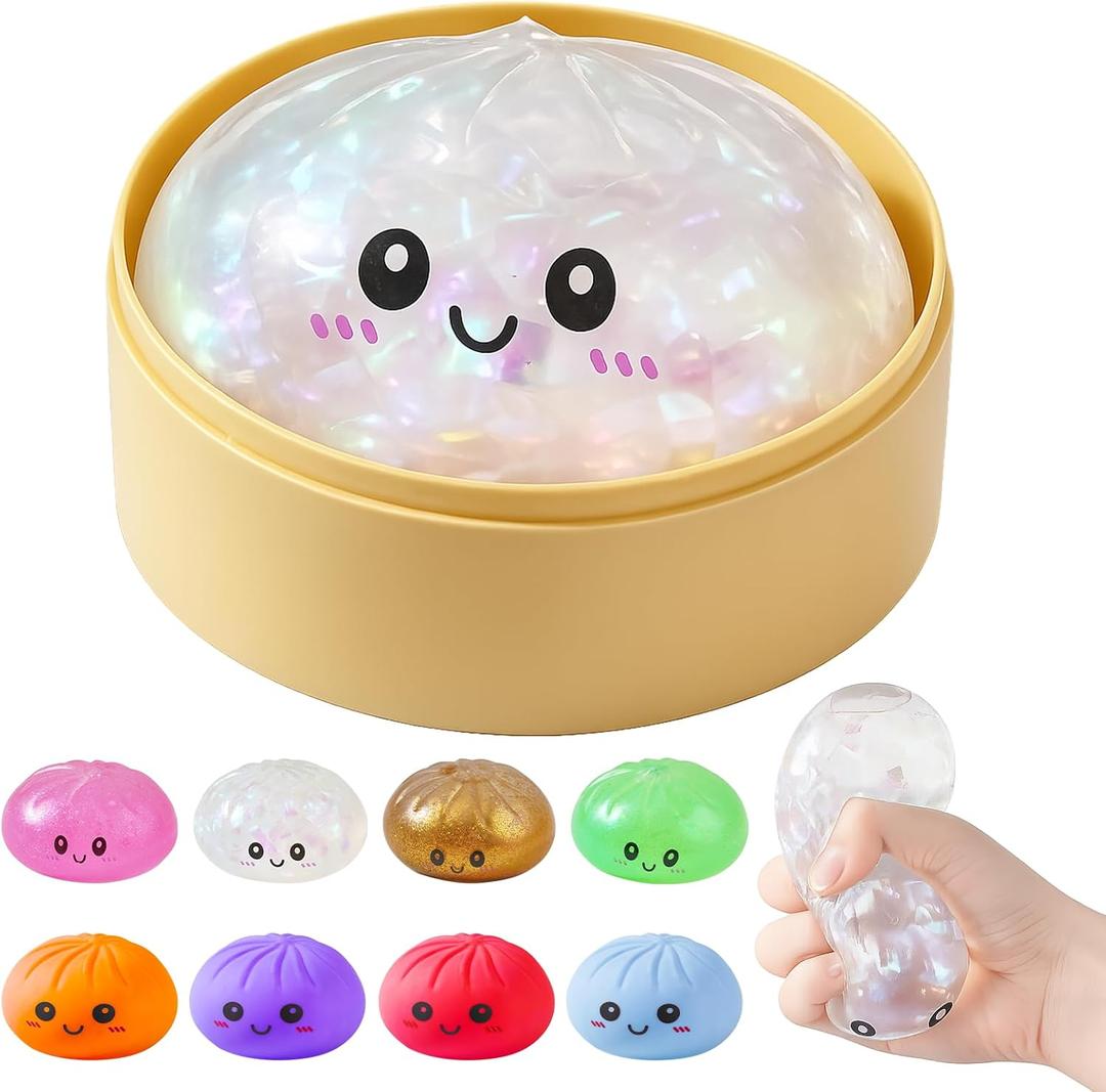 Dumpling Squishies, Dumpling Mystery Box, Colorful Dumplings Stress Balls Fidget Sensory Toy, Stocking Stuffers with Food Steamer Stretchy Desk Toys (Flash White)
