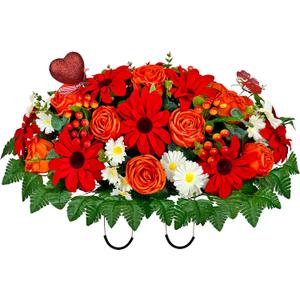 Artificial Cemetery Flowers for Grave Vase - Headstone Flower Saddle - Sympathy Flower of Vibrant Rose Sunflower Daisy Berry, Colorfast and Easy Fit