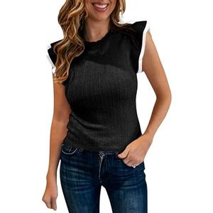 Saodimallsu Womens Summer Sleeveless Sweaters Vest Slimming Crewneck Cable Knit Ruffle Sweater Tank Tops Casual Work Tops.S