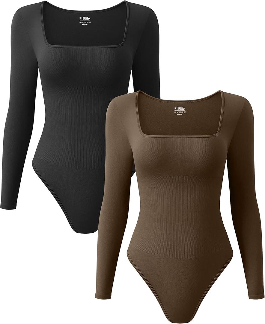OQQ Women's 2 Piece Bodysuits Sexy Ribbed One Piece Square Neck Long Sleeve Tops (Large, Black Coffee)