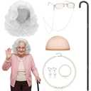 Gejoy 8 Pcs Old Lady Costume for Women, Grandma Wig Costume Accessories for 100 Days Cosplay(Matte White Wig)