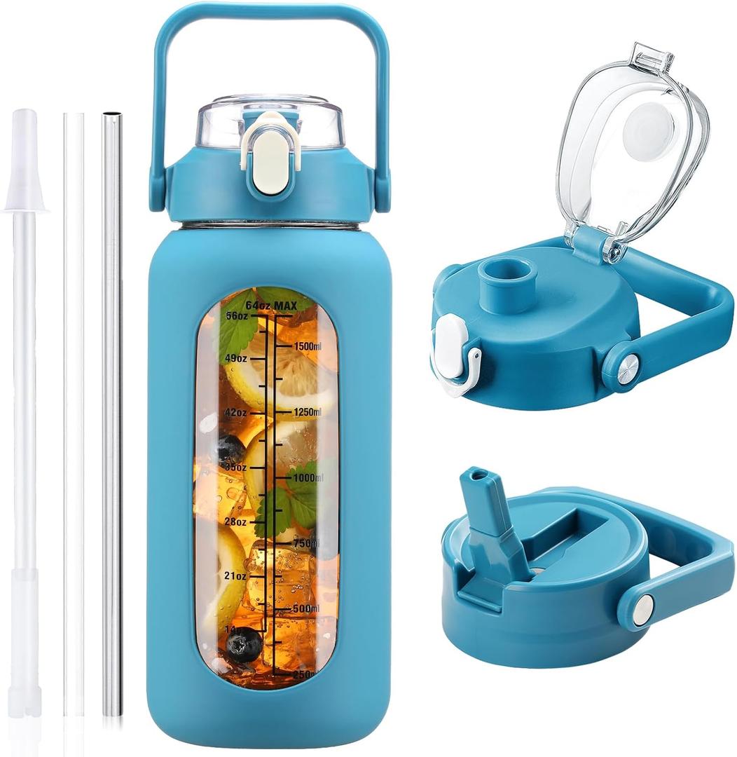 64 oz Glass Water Bottle with Straw and 2 Lids, Half Gallon Water Bottle with Sleeve, Large Insulated 2 Liter Glass Water Jug Time Marker with Handle (Steel Blue)