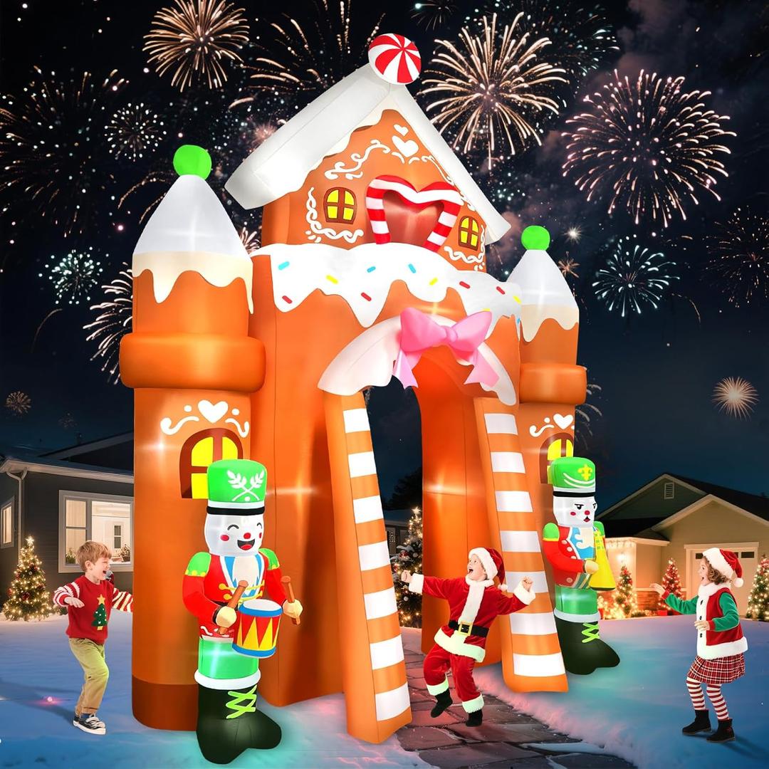 Kalolary 12FT Christmas Inflatable Archway Outdoor Decorations, Xmas Gingerbread Nutcracker Soldiers Arch Inflatable Blow Up Yard Decorations with Build-in Lights for Christmas Party Garden Lawn Decor