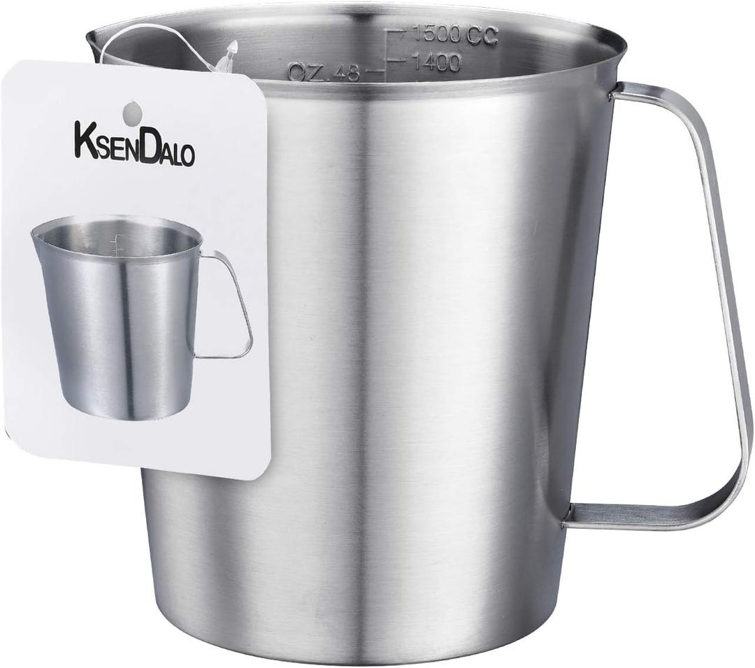 48Oz/6Cup Stainless Steel Pitcher (SUS304), 1.50 Liter Metal Container for Water, Milk, Liquid with Handle with Engraved Markings, Silver | SUS304 Metal Measuring Cup with Precision Engraved Markings, Mixing Pitcher for Baking, Frothing, Coffee, Milk and Liquid