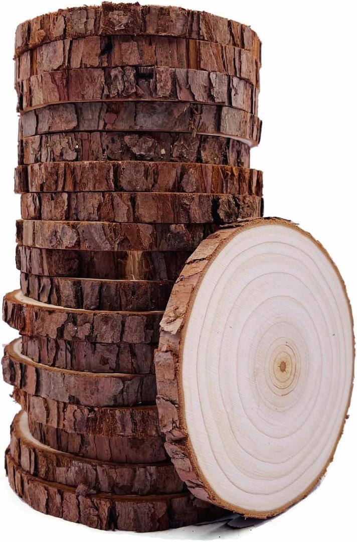 Unfinished Natural Wood Slices with Bark 20 Pcs 3.5-4 inch Craft Wood kit Circles Crafts Christmas Ornaments Rustic Wedding Decoration DIY Crafts for Crafts