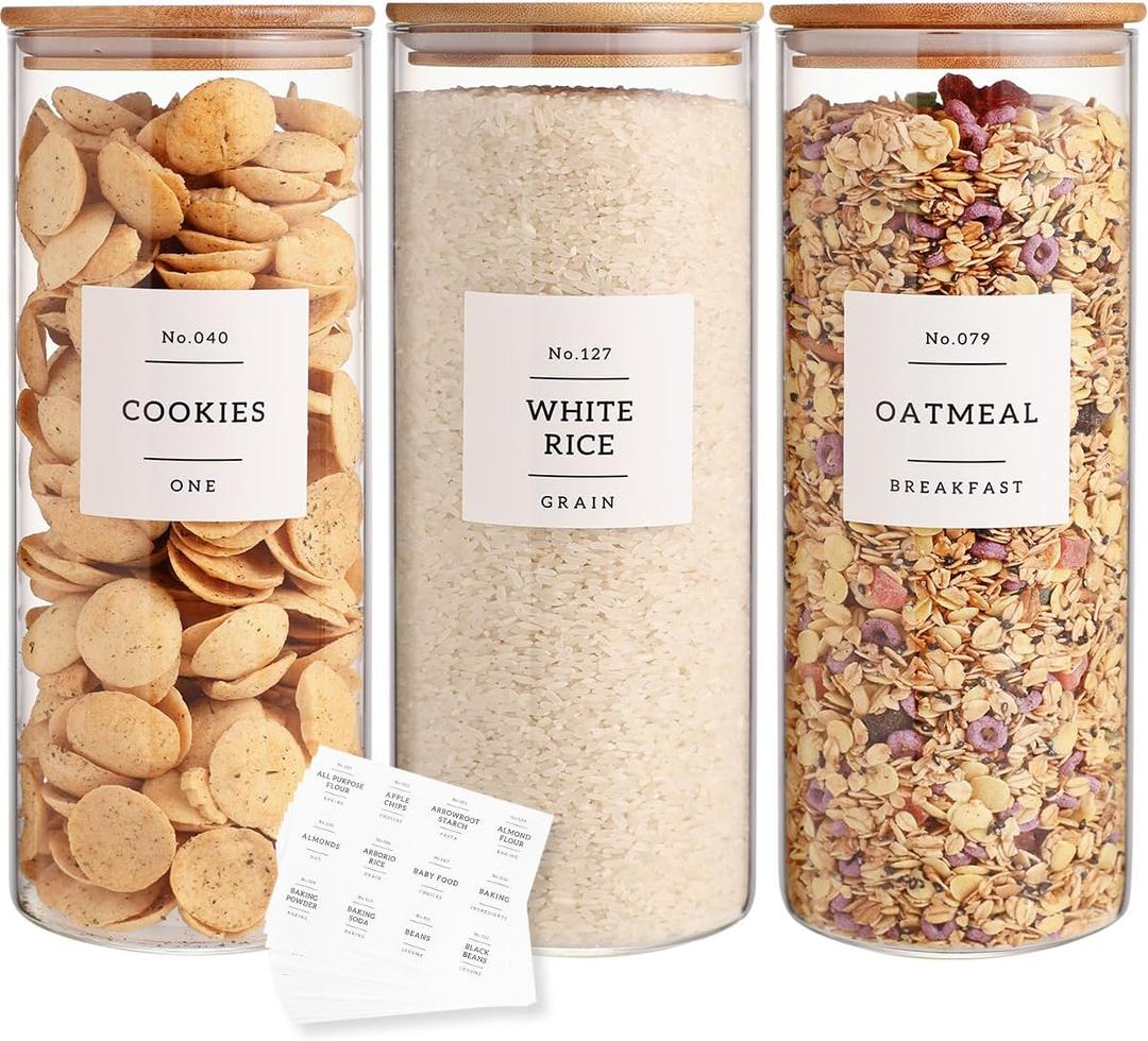 3 Pack Glass Jar with Airtight Bamboo Lid and White 132 Kichen Pantry Labels Preprinted - 56 Oz Clear Tall Glass Food Storage Containers set For Pasta Flour Cookie Rice (56oz*3)