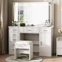IDEALHOUSE Vanity Desk with Mirror and Lights, White Makeup Vanity with 7 Drawers, 3 Light Mode and Brightness Adjusted, Dressing Table with Hairdryer Holder for Bedroom, 56.3 x 15.75 x 47.23 inches