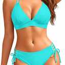 Women's Two Piece Bikini - Push Up Swimsuit Set V Neck Lace Up Bathing Suit 2026 Swimwear (Blue, L)