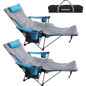 Reclining Camping Chair with Removable Footrest Lounge Chair with Headrest, Cotton Cushion, Portable Adjustable Folding Chairs (2 Pack, Blue)