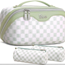 BOYATU Travel Makeup Bag for Women: Large Cosmetic Bag Set of 3 - PU Leather Make up Bag with Compartments - Compact Waterproof Toiletry Bag with Divider & Handle (Green)