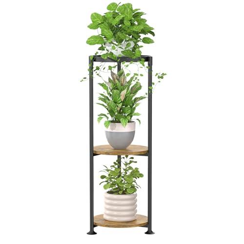 iDavosic.ly 3 Tier Corner Plant Stand Indoor, 34 Inch Tall Vertical Metal Flower Heavy Duty Pot Holder Shelf Outdoor for Patio Porch Living Room, Modern Black & Rustic Brown - Round