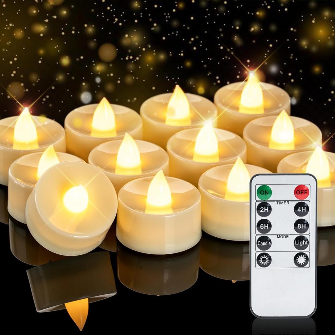 12 x Homemory 12pcs Flameless LED Tea Lights with Remote & Timer, 400+Hours Realistic Flickering Battery Candles for Seasonal, Tabletop, and Centerpieces Decor