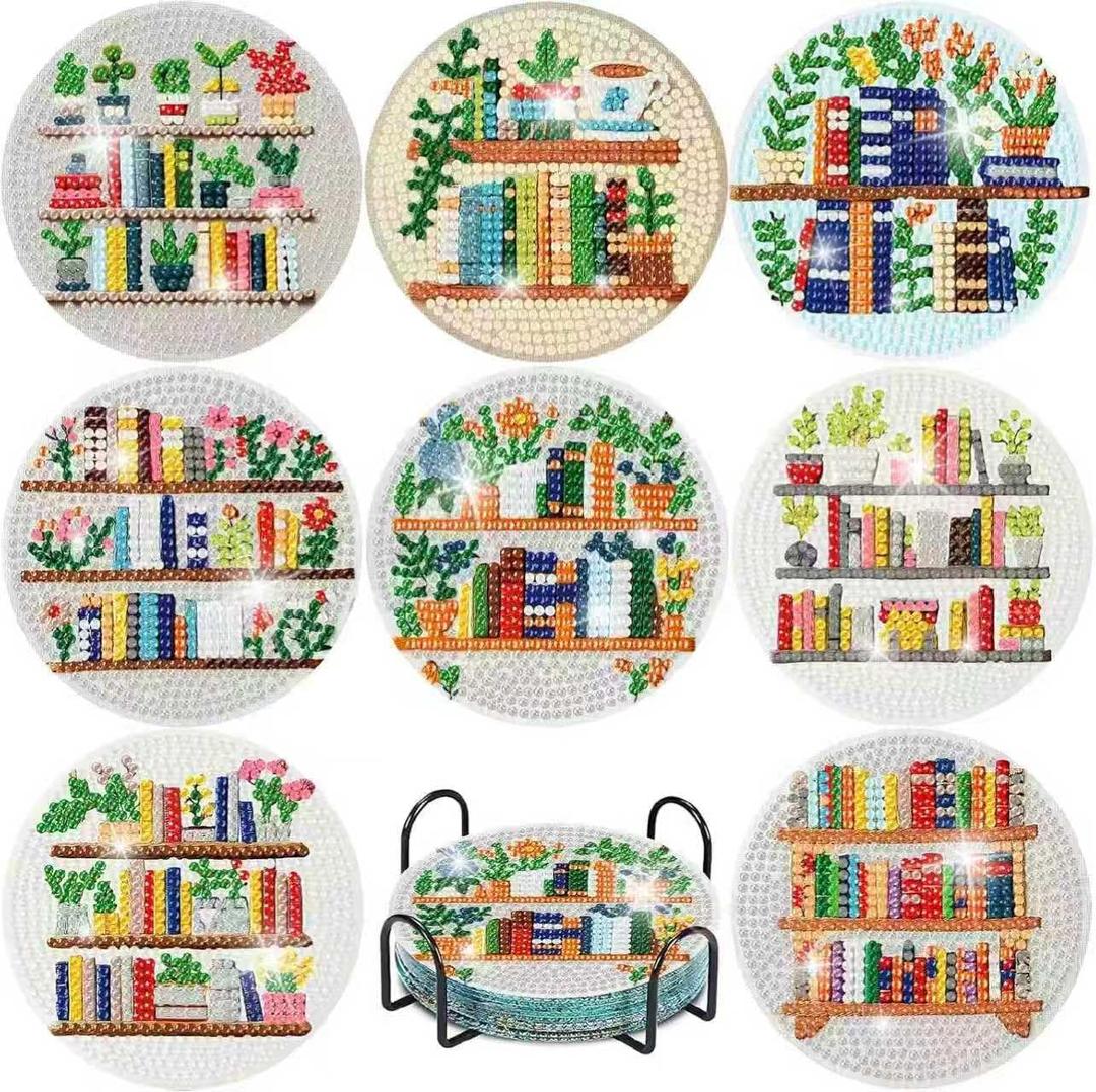 Book 8PCs Diamond Paintings Coasters Kits Set, DIY Diamond Art Coasters with Holder, 5D Diamond Art Kits for Adults, Home Decor (Cork Wooden Pad) (Jxbd72-us)