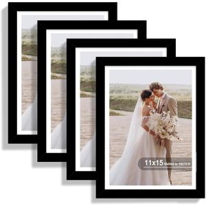 Hongkee 11x15 Picture Frame Set of 4, Made of Real Glass and Black Frame - Display Picture 10x14 with Mat or 11x15 Without Mat, 11 by 15 Photo for Wall Mounting