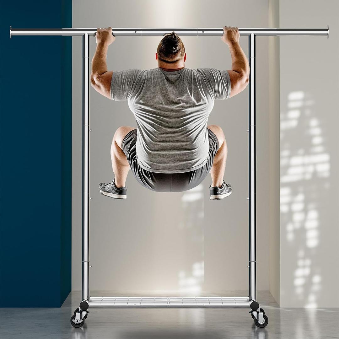 Frylr Rolling Clothes-Rack Heavy Duty - Portable Metal Garment Rack with Adjustable Hanging Rod, Sturdy Closet Organizer with Wheels, Hanging Shelves for Clothing and Coats, Easy Assembly, Silver