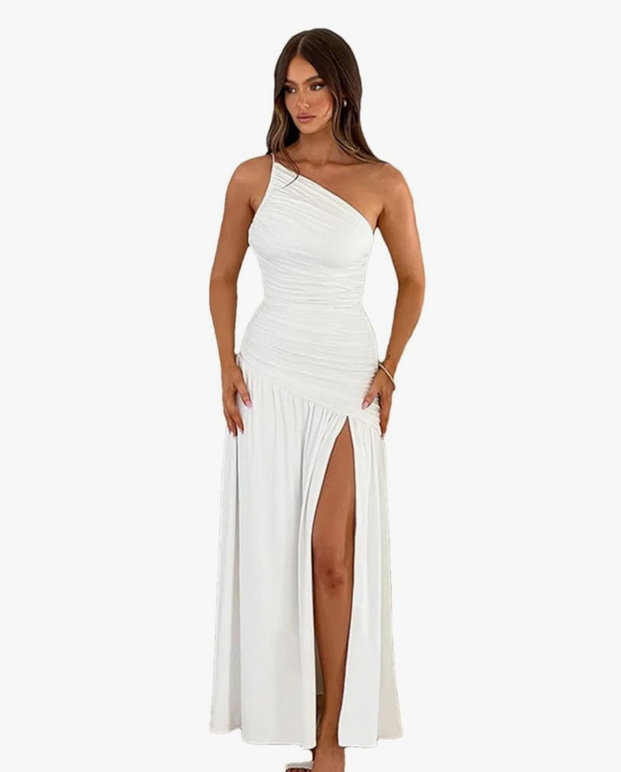 Women Sleeveless Split Maxi Single Shoulder Off-Shoulder Bodycon Sexy Long Dress, L, White