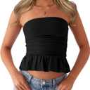 CSDAJIO Ruched Tube Tops for Women Double Lined Strapless Shirt Going Out Bubble Hem Ruffle Bandeau Top (Medium, Black)
