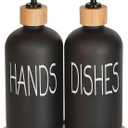 Glass Soap Dispenser Set. Hand and Dish with Bamboo Tray. Vintage Pump for Kitchen Drain Outlet Bathroom. Stylish Permanent Labels (Matte Black)