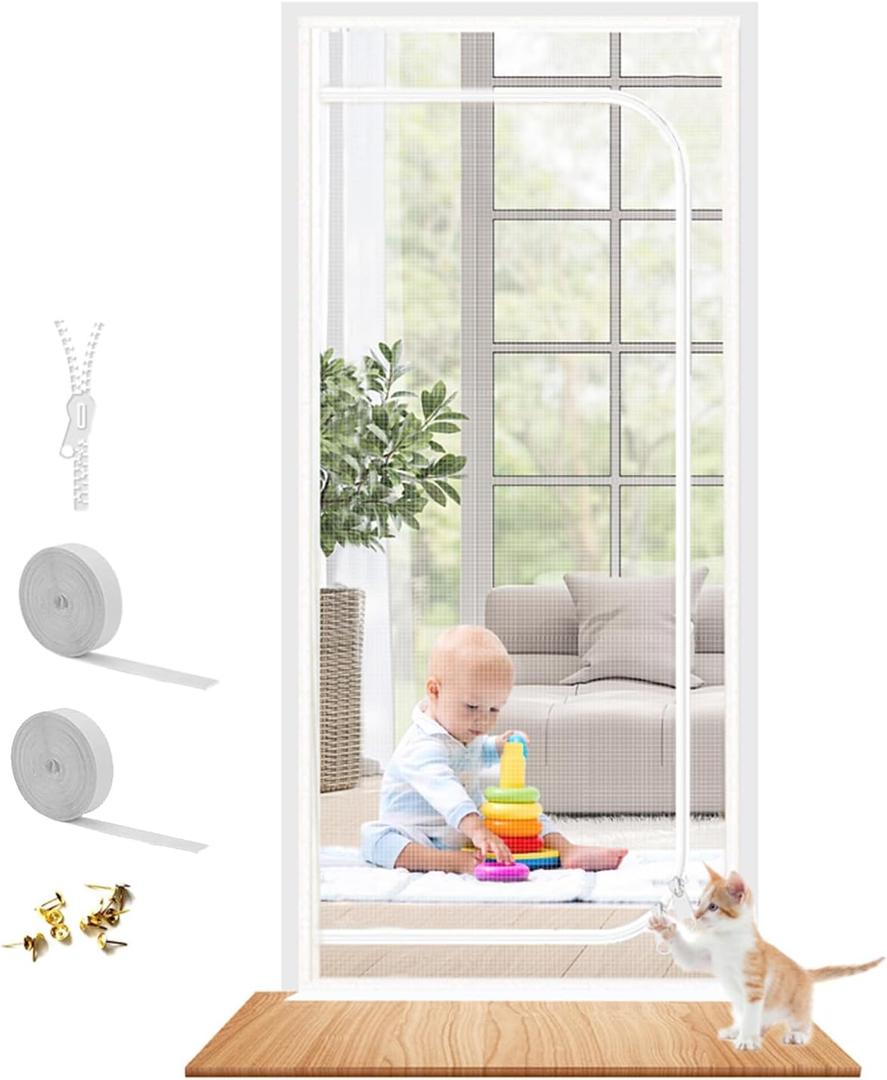 Upgraded Reinforced Cat Screen Door Fits Door Size 30''x 80'', Heavy Duty Pets Proof Screen Mesh with Zipper, Prevent Dogs Cats Running Out from Home (White)