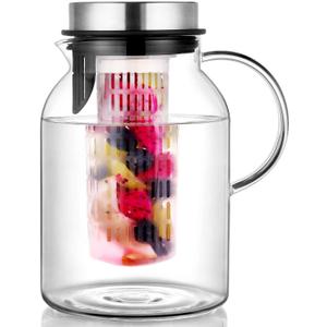 Glass Water Pitcher, Fruit Infuser Pitcher with Removable Lid, High Heat Resistance Infusion Carafe for Hot/Cold Water, Flavor-Infused Beverage & Iced Tea - 2 Qt