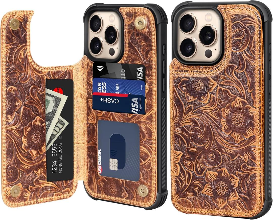 Wallet Real Leather Case Compatible with iPhone 14 Pro Max 6.7" Genuine LeatherShockproof, Anti-Fall Case, Flip Cover, with Card Slot, Double Magnetic Buckle, Kickstand, Durable Brown